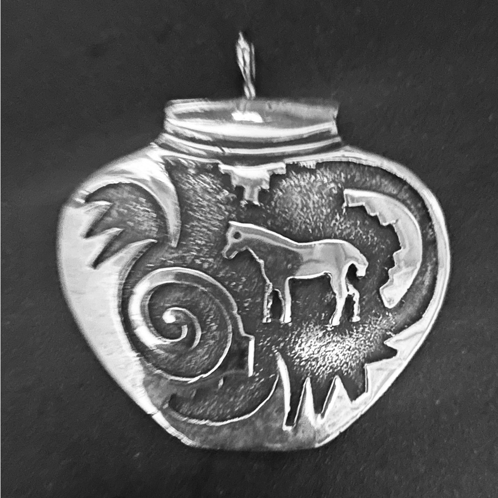 Vintage Navajo Emerson Kinsel Sterling Overlay Horse Pendant Pottery Design.